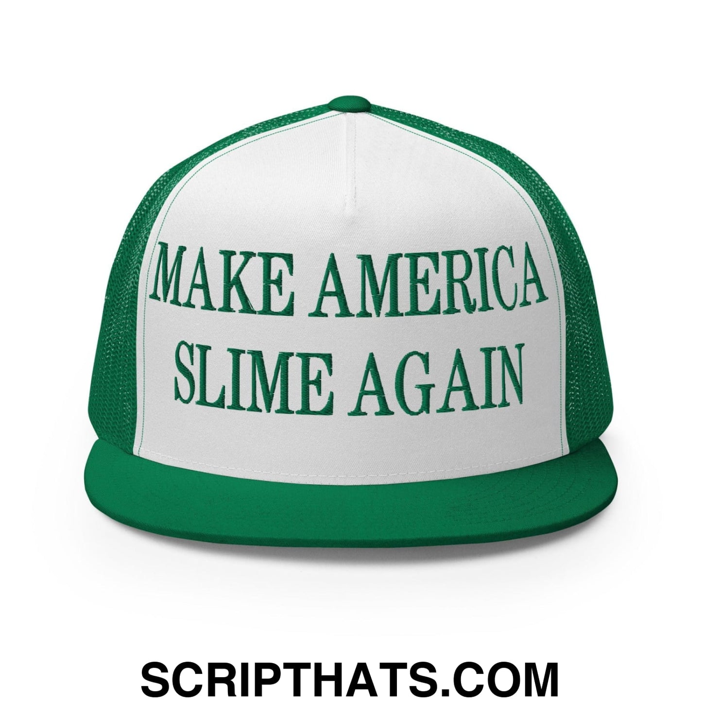 Make America Slime Again Embroidered Flat Bill Brim Trucker Hat Kelly White Kelly