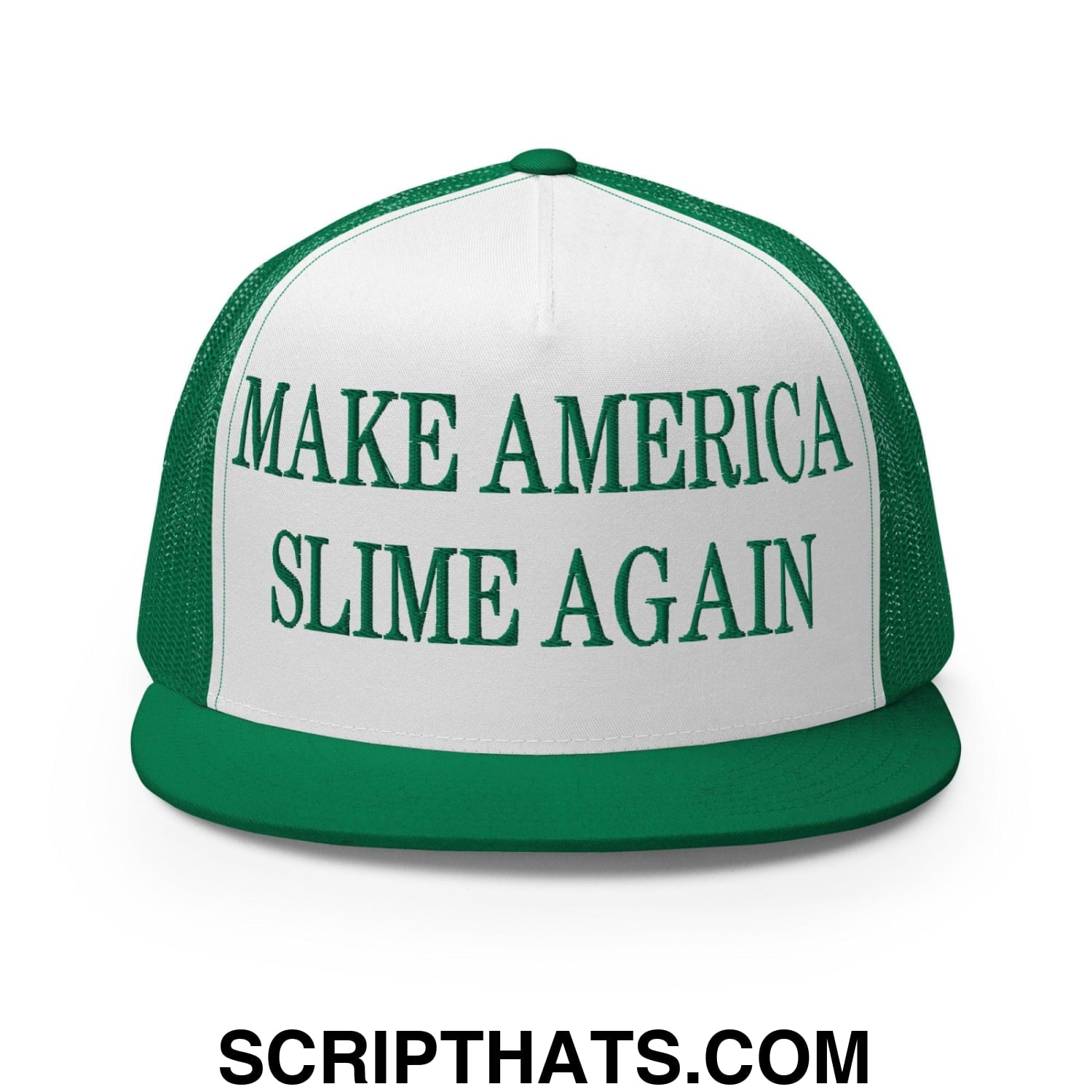 Make America Slime Again Embroidered Flat Bill Brim Trucker Hat Kelly White Kelly