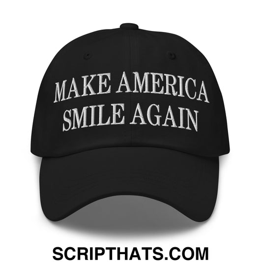 Black unstructured dad hat with white embroidered make america smile again text for casual wear