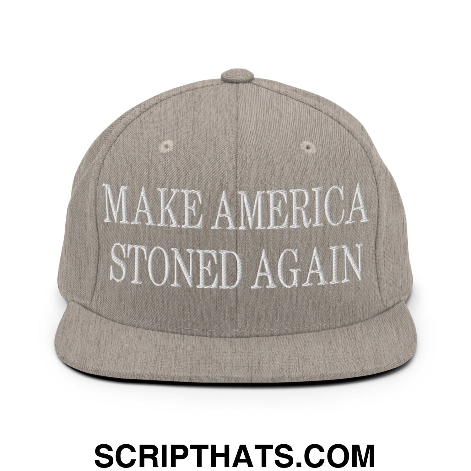 Gray snapback hat with white embroidered text make america stoned again on flat bill brim for casual wear