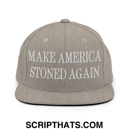 Gray snapback hat with white embroidered text make america stoned again on flat bill brim for casual wear