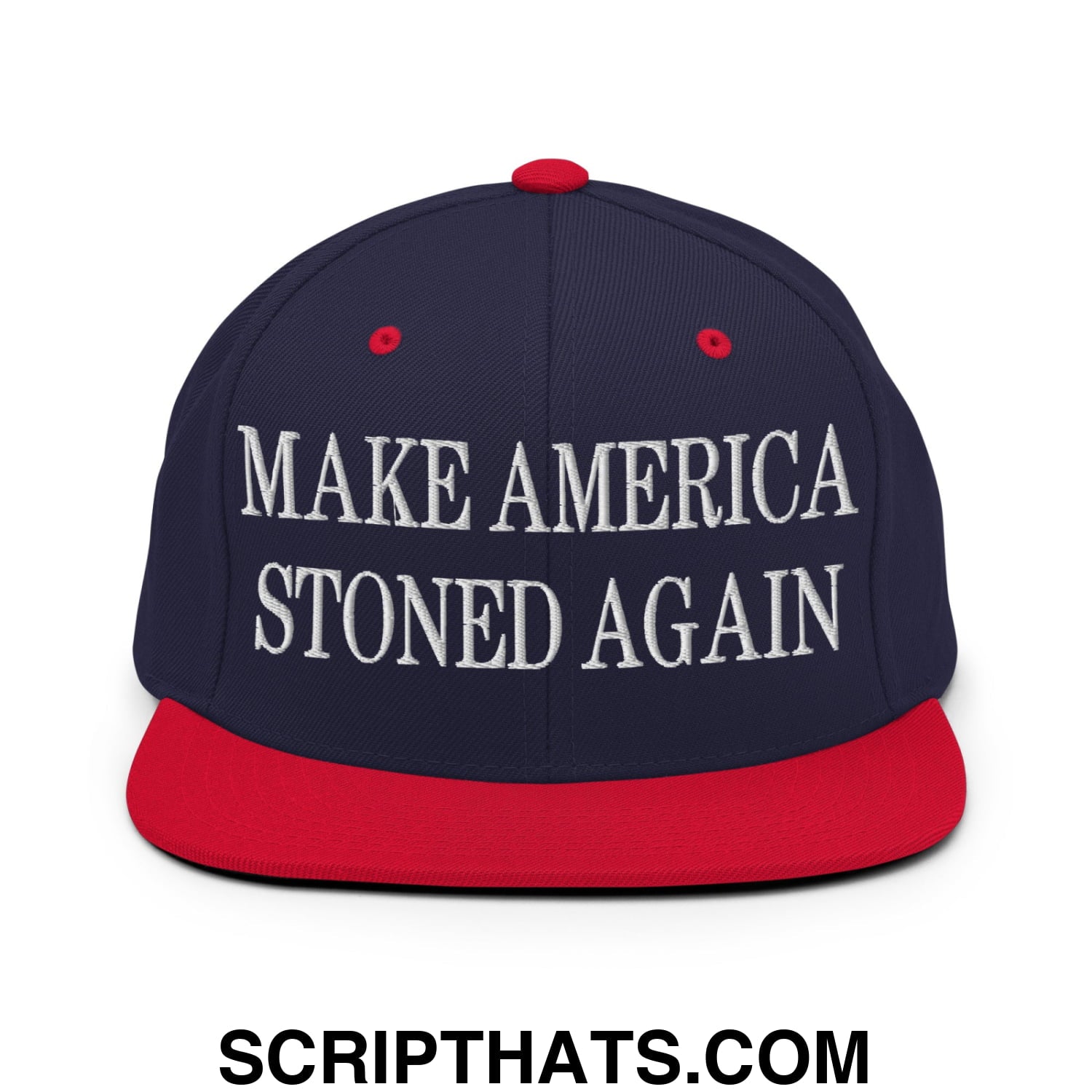 Navy blue and red snapback cap with white embroidered make america stoned again text and flat bill brim