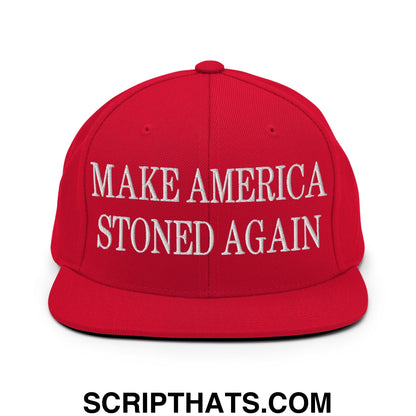 Red snapback cap with white embroidered text make america stoned again flat bill brim design