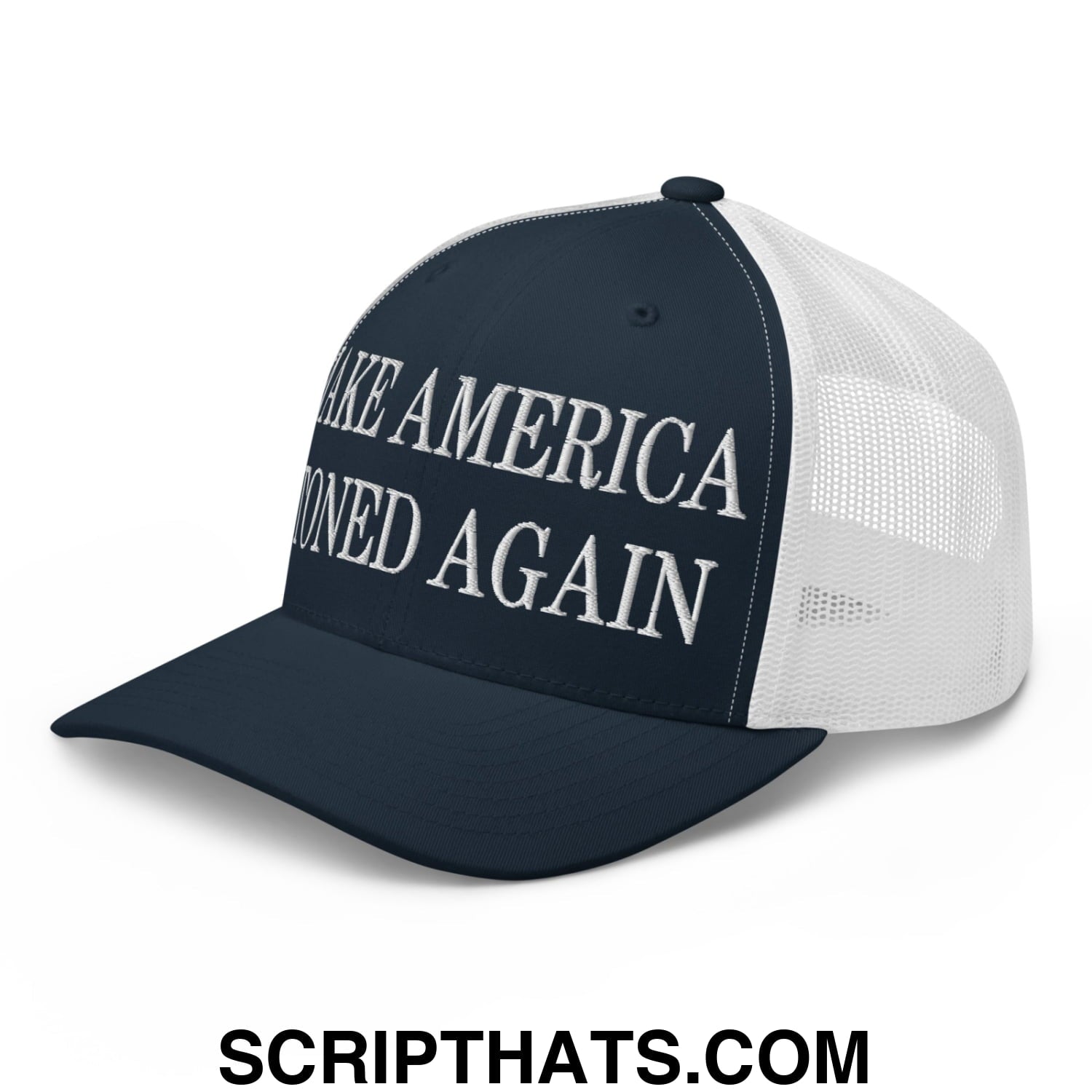 Dark blue and white mesh trucker hat with embroidered make america great again text in silver thread