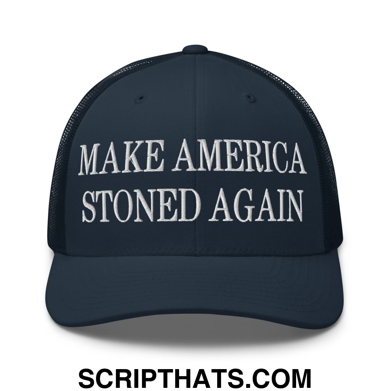 Dark navy blue mesh trucker hat with white embroidered make america stoned again text across the front