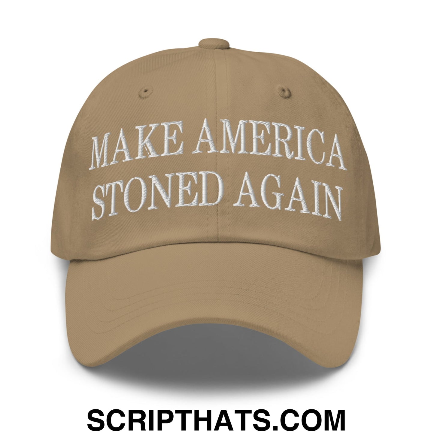Tan make america stoned again embroidered unstructured dad hat with white text for casual wear