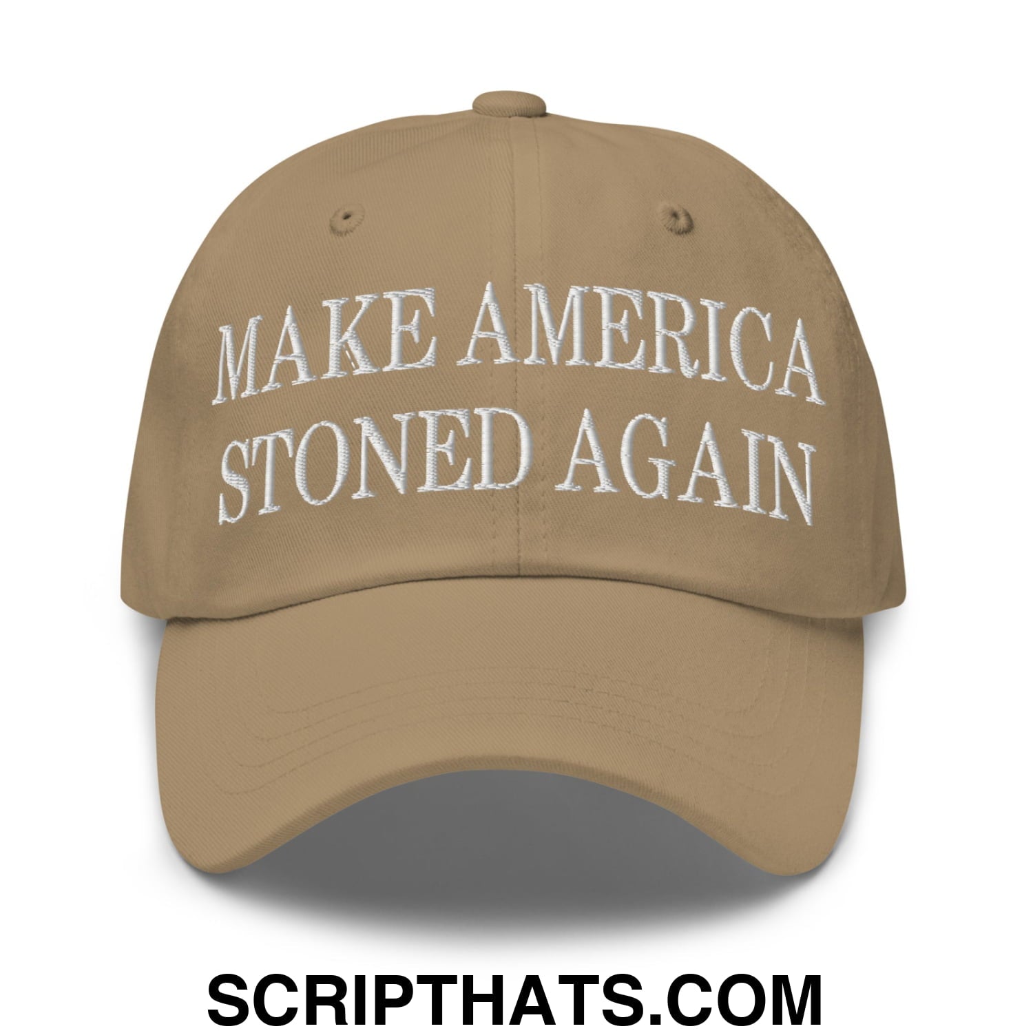 Tan make america stoned again embroidered unstructured dad hat with white text for casual wear