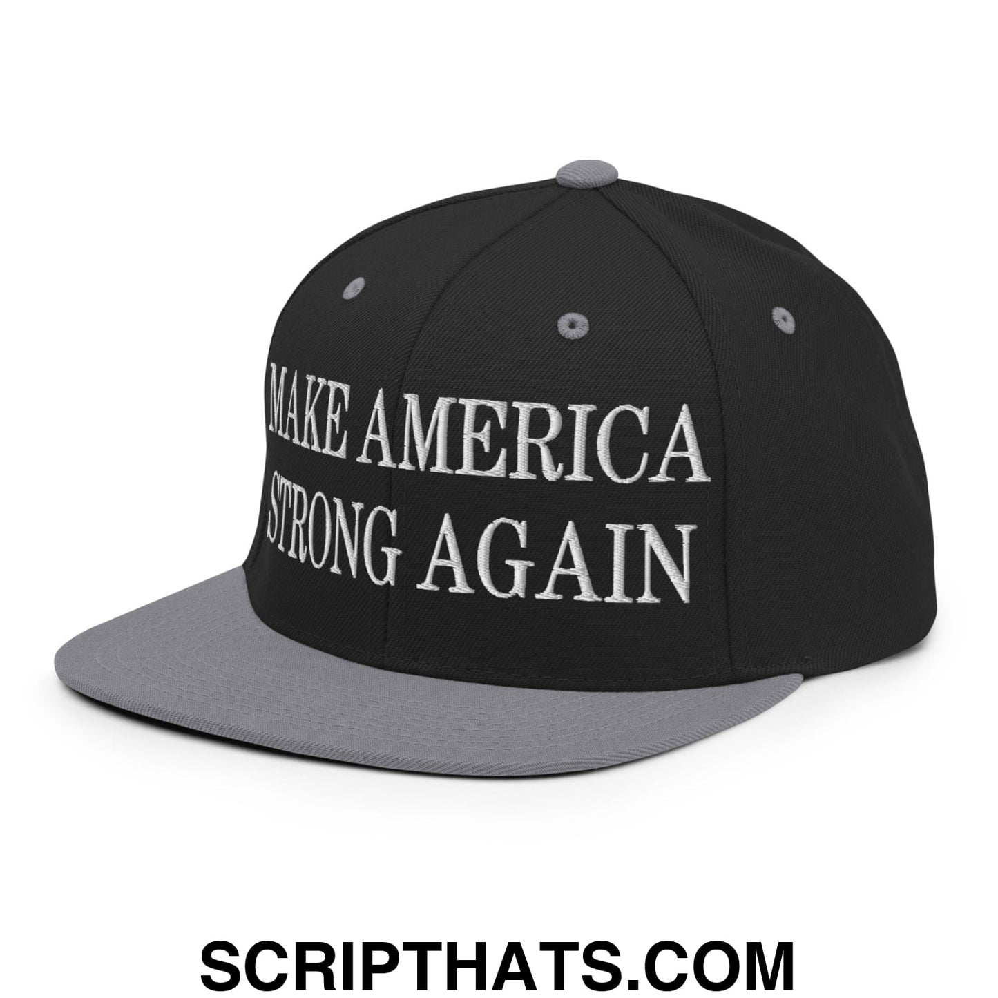 Black snapback cap with gray brim and white embroidered make america strong again text on front panel