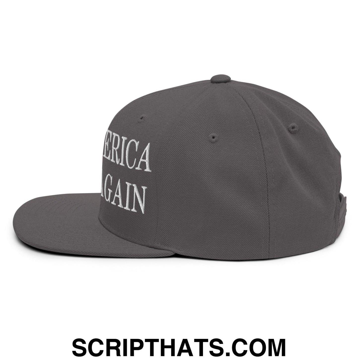 Dark gray snapback cap with america again embroidered in white script on front flat bill brim for casual wear