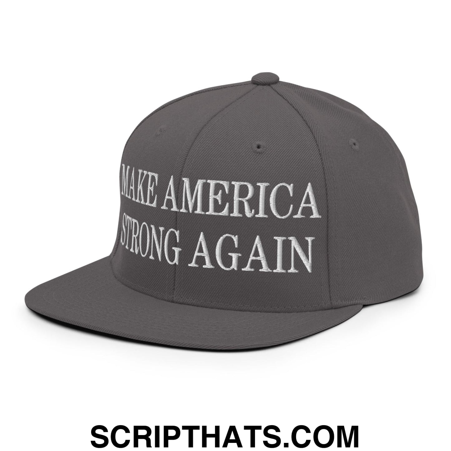Gray snapback cap with white embroidered make america strong again text and flat bill brim design