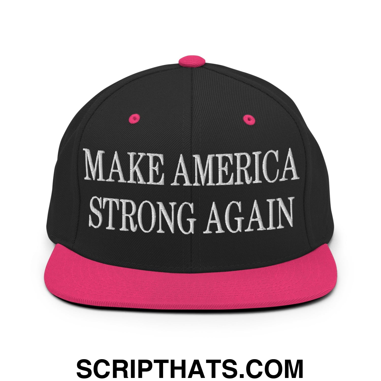 Black snapback cap with vibrant pink flat bill brim and white embroidered make america strong again text