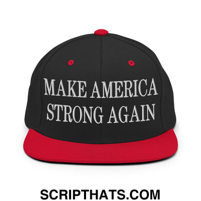 Black and red snapback cap with white embroidered make america strong again text and flat bill brim