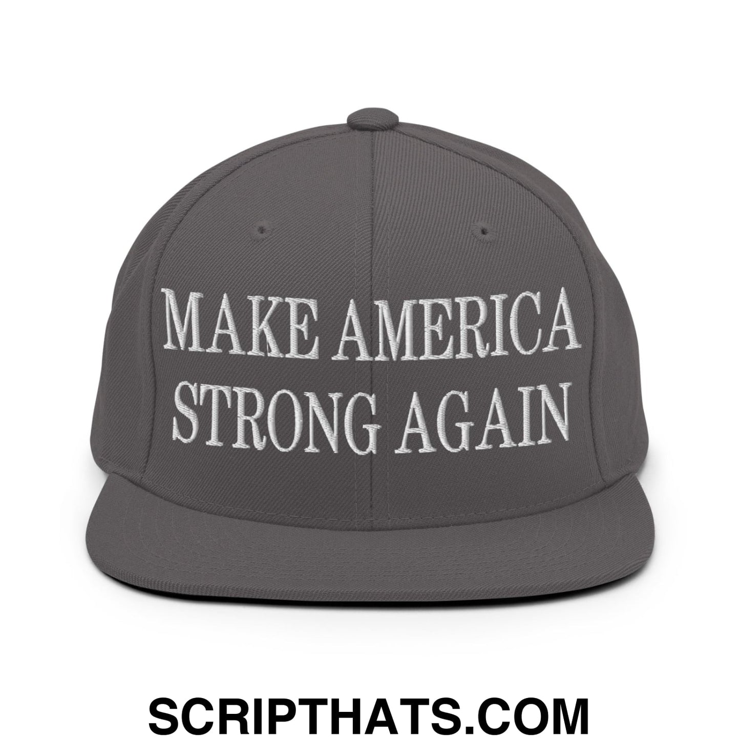 Gray snapback hat with white embroidered make america strong again text and flat bill brim for casual wear