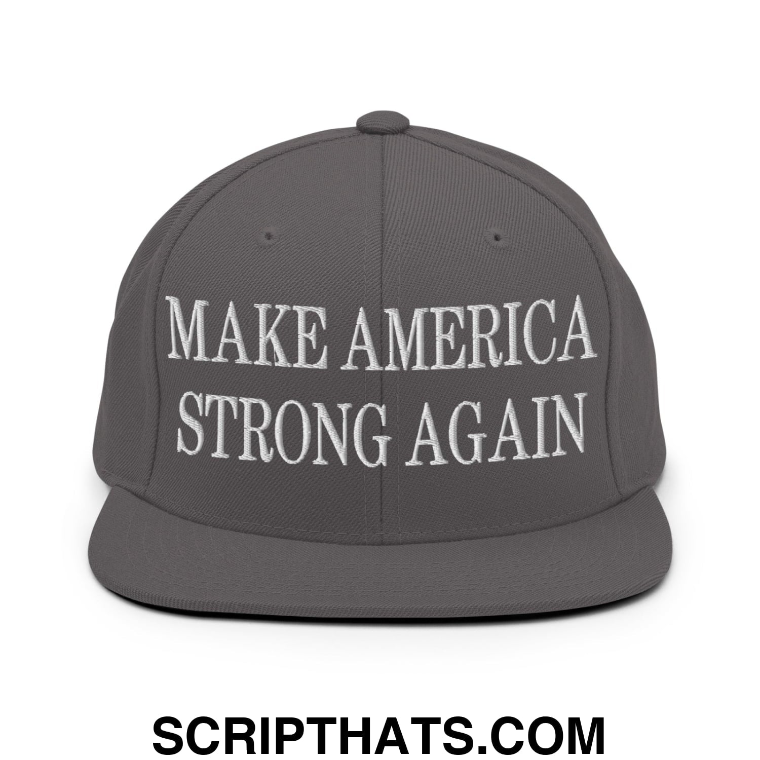 Gray snapback hat with white embroidered make america strong again text and flat bill brim for casual wear