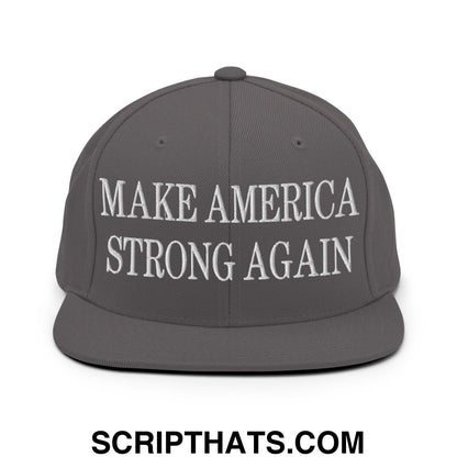 Gray snapback hat with white embroidered make america strong again text and flat bill brim for casual wear