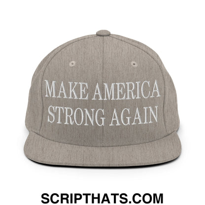 Gray snapback hat with white embroidered make america strong again text and flat bill brim design