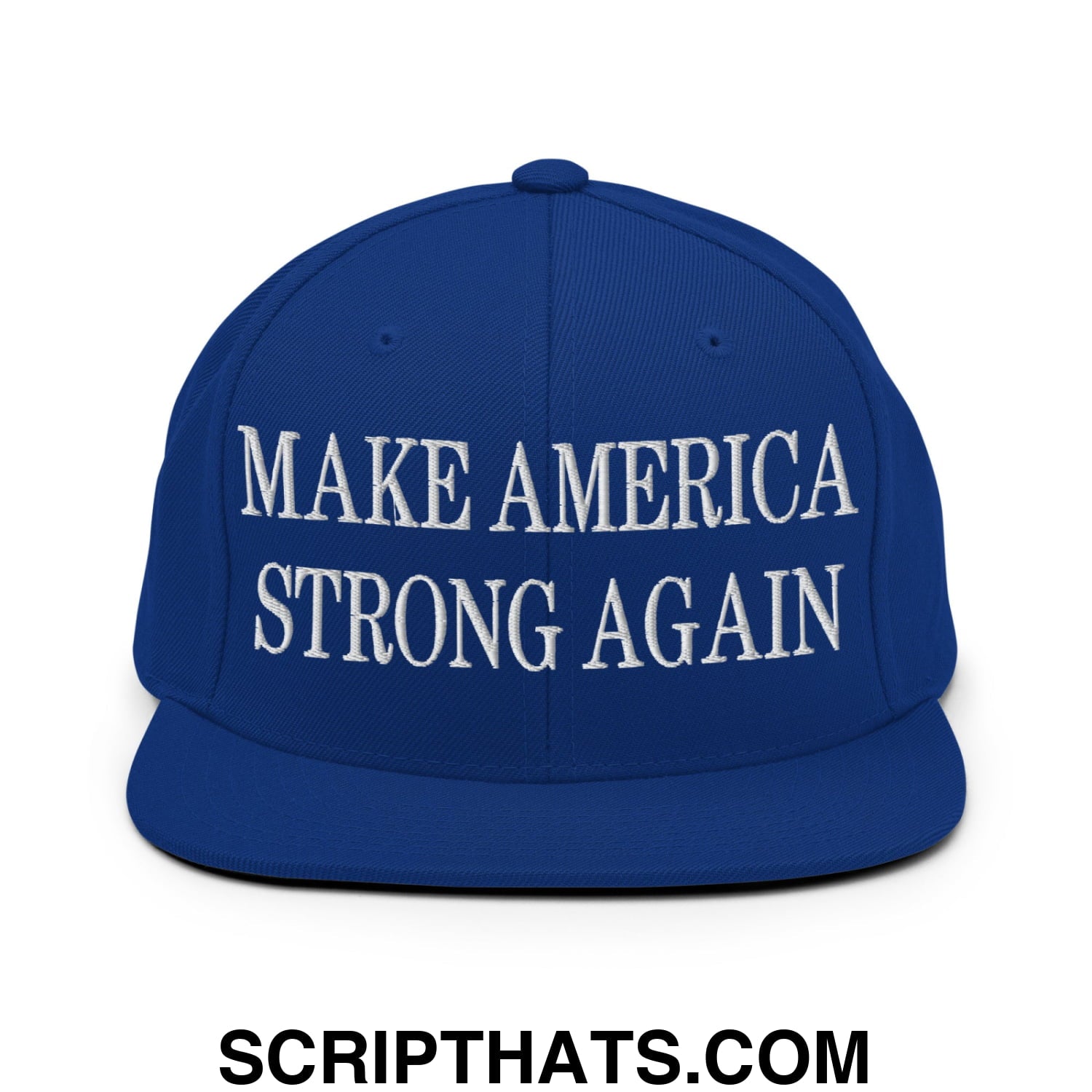 Royal blue snapback hat with white embroidered make america strong again text and flat bill brim design