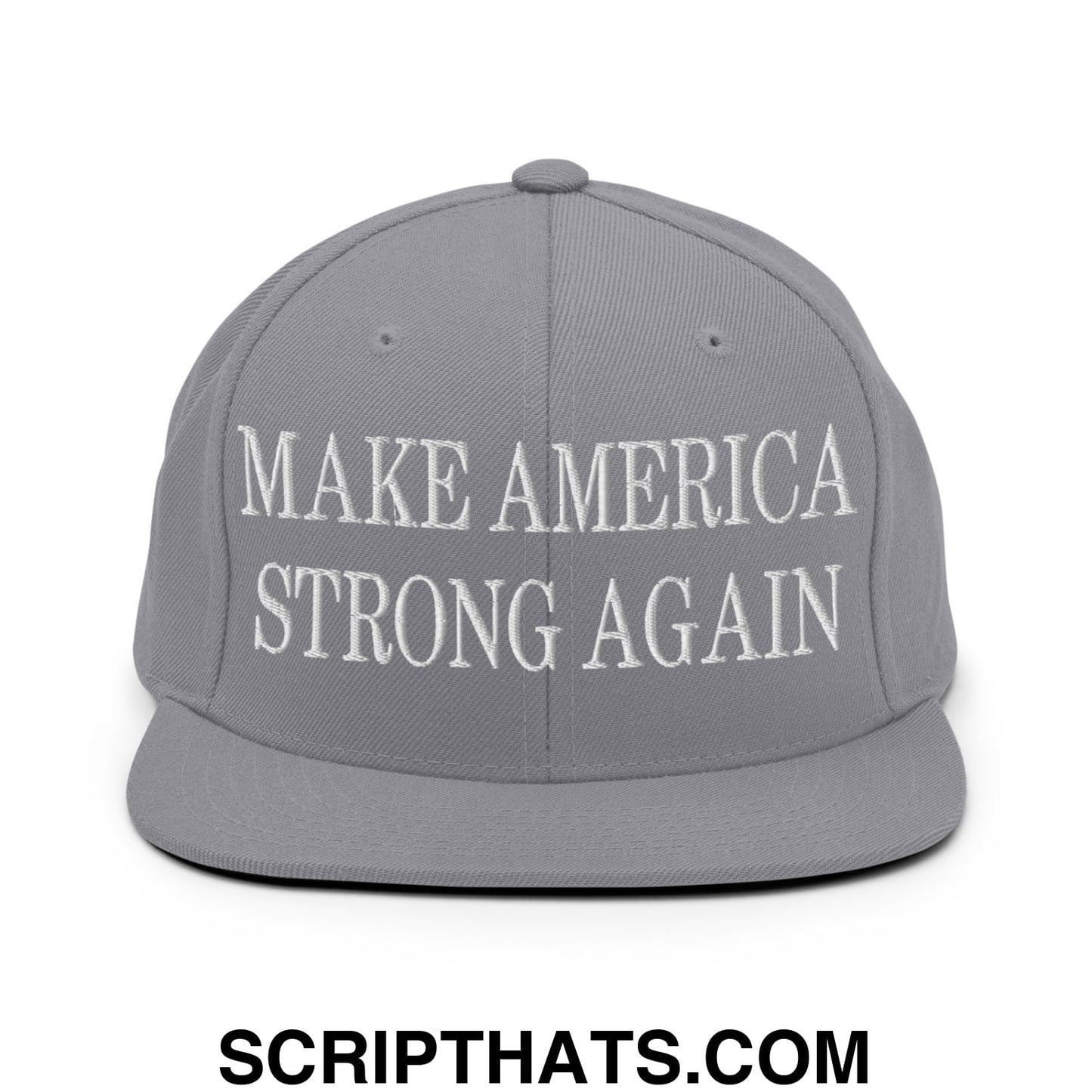 Gray make america strong again embroidered flat bill snapback hat with white text on front panel