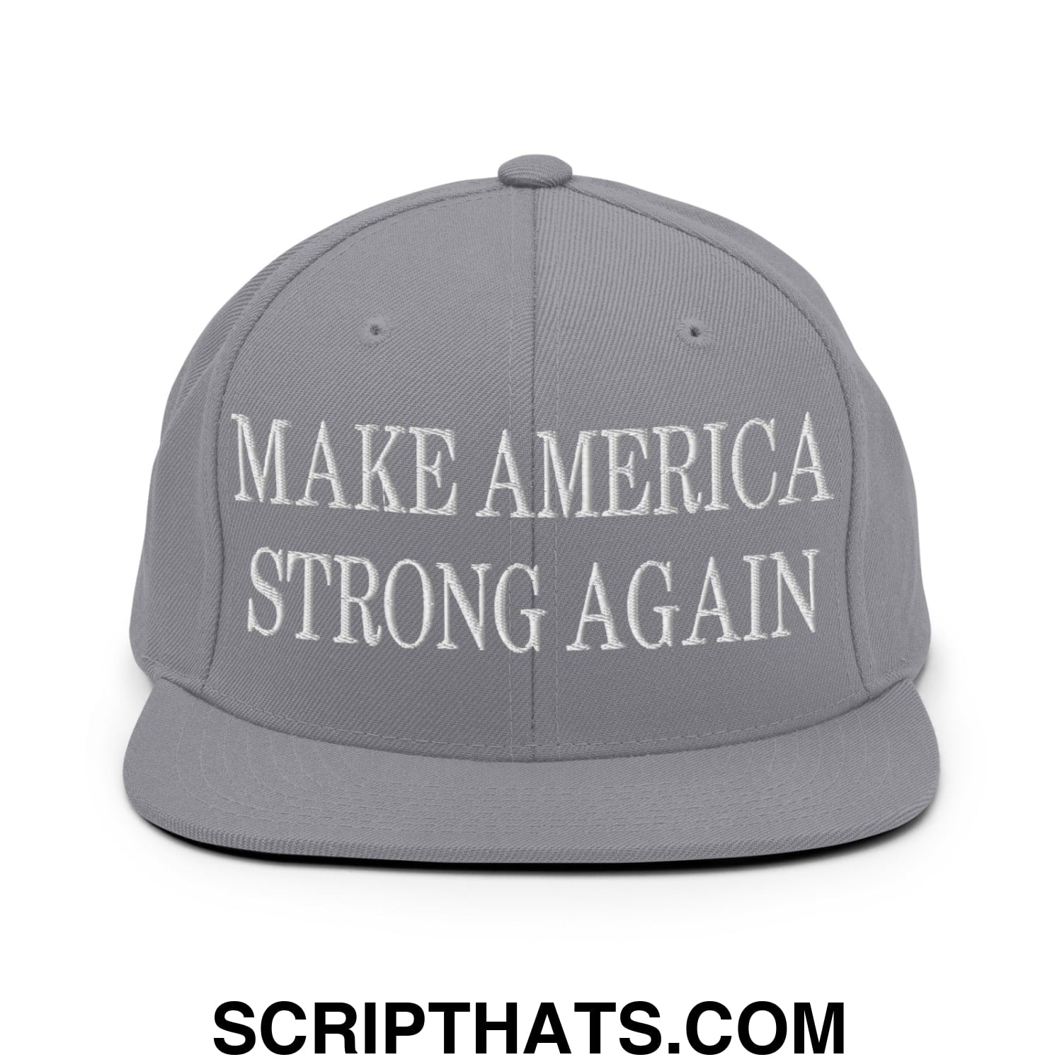 Gray make america strong again embroidered flat bill snapback hat with white text on front panel