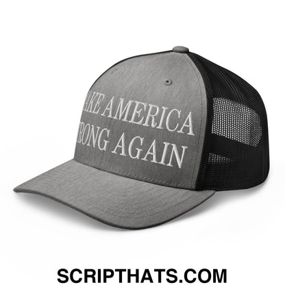Gray and black mesh trucker hat with white embroidered make america strong again text on the front panel