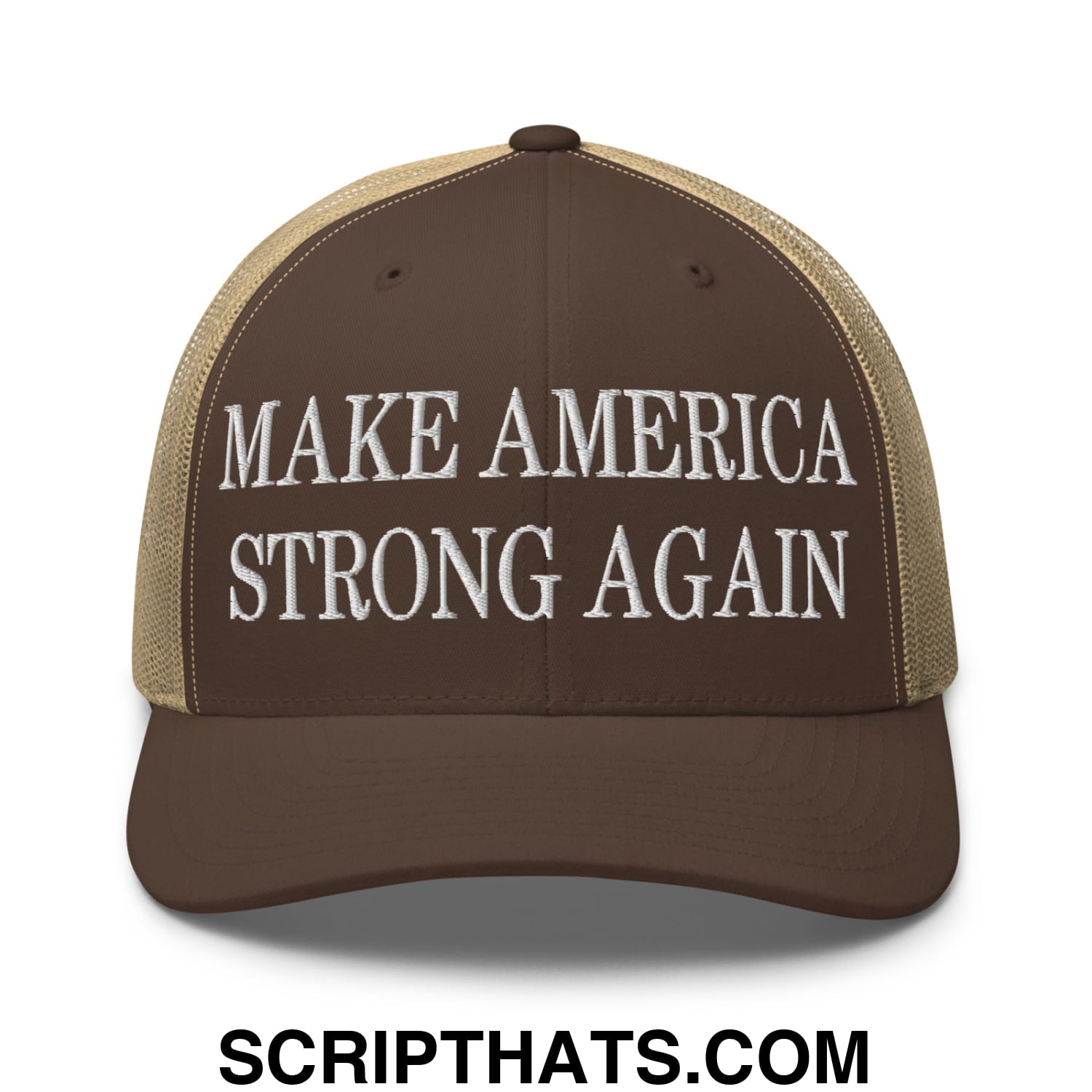 Brown and tan mesh trucker hat with white embroidered make america strong again text for casual wear