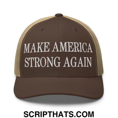 Brown and tan mesh trucker hat with white embroidered make america strong again text for casual wear