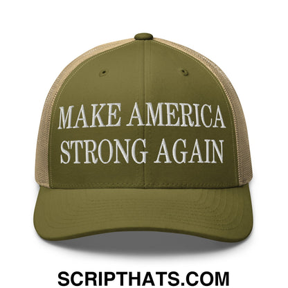Olive green and tan mesh trucker hat embroidered with white make America strong again text