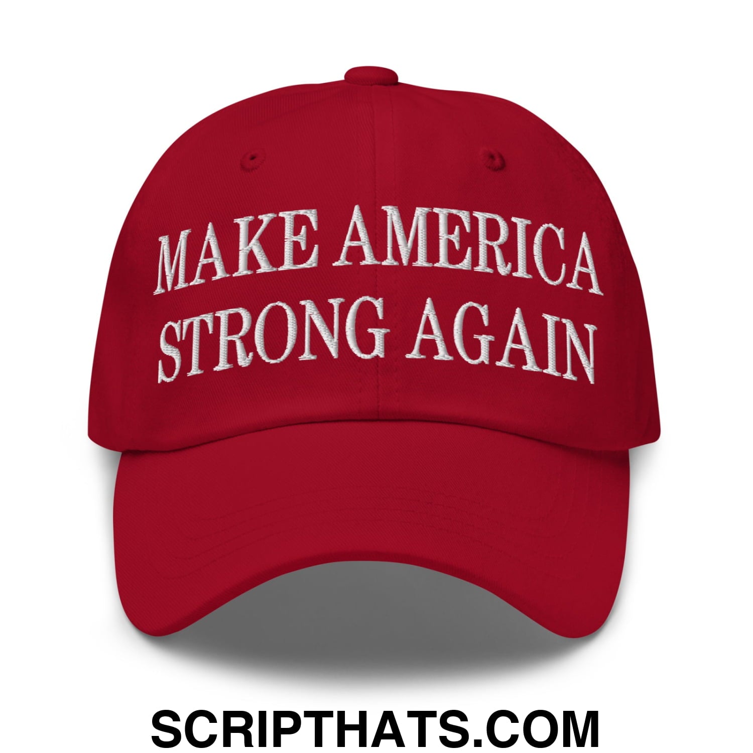Red embroidered make america strong again unstructured dad hat with white text perfect for casual wear