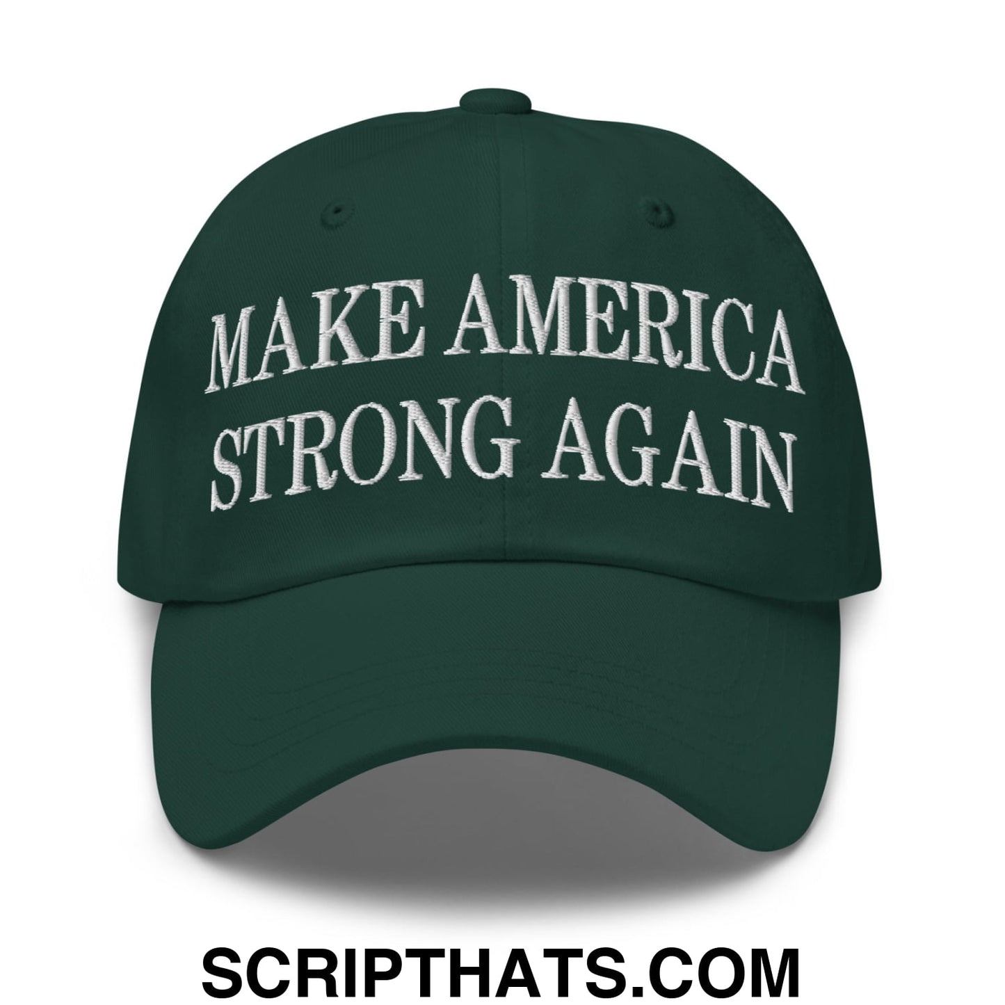 Dark green unstructured dad hat with white embroidered text make america strong again for casual wear