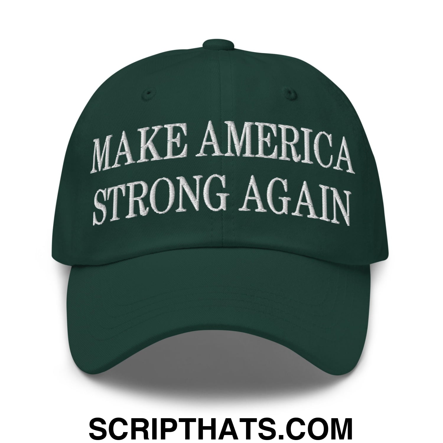 Dark green unstructured dad hat with white embroidered text make america strong again for casual wear