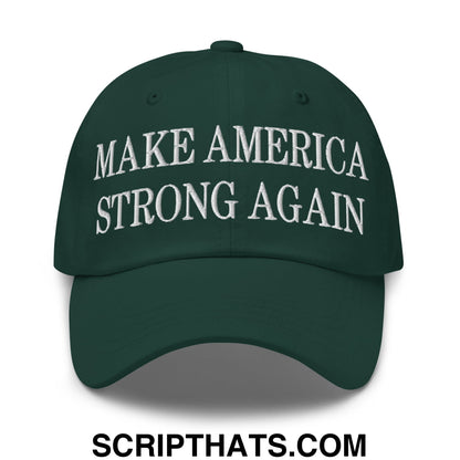 Dark green unstructured dad hat with white embroidered text make america strong again for casual wear