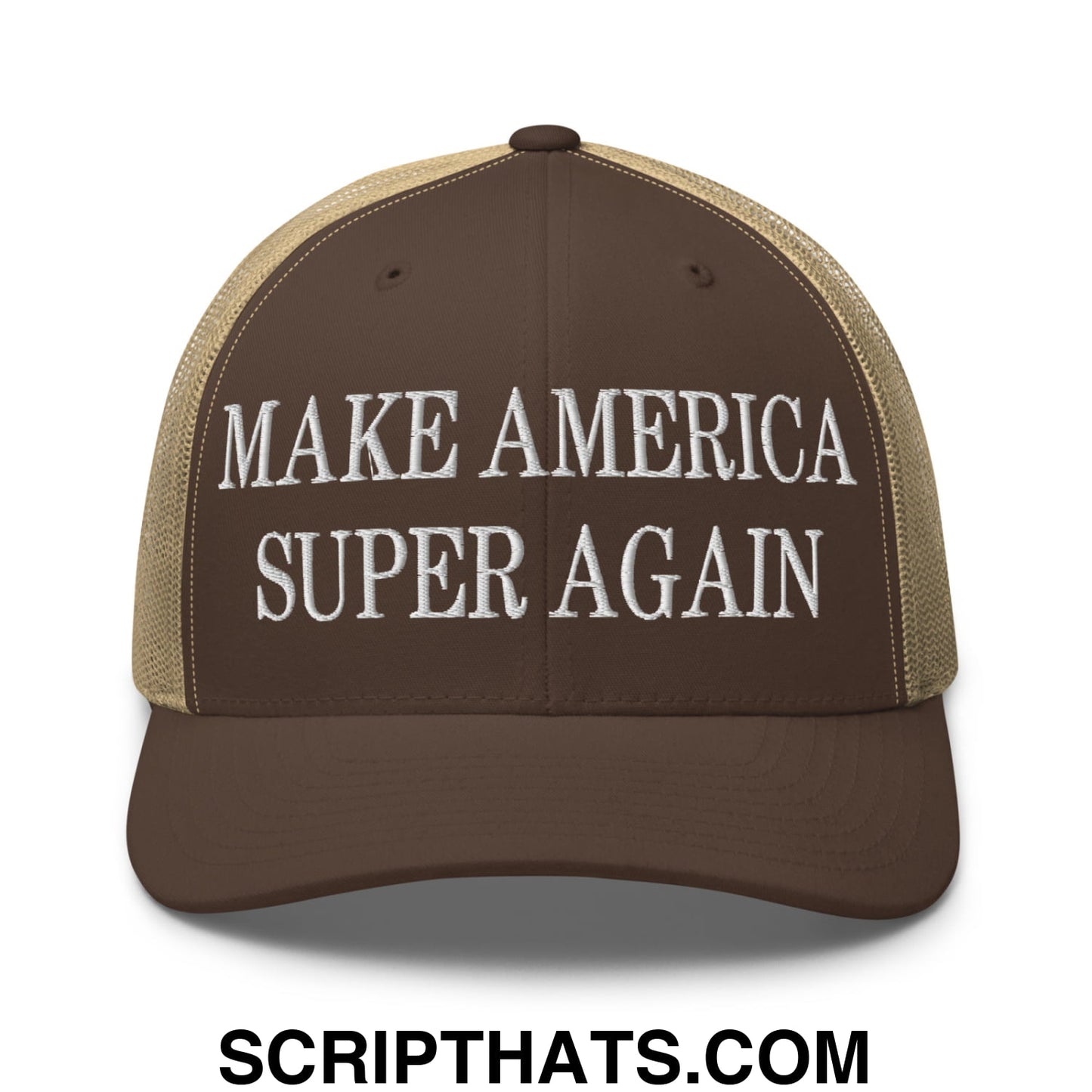 Make America Super Again Embroidered Mesh Trucker Hat Brown Khaki