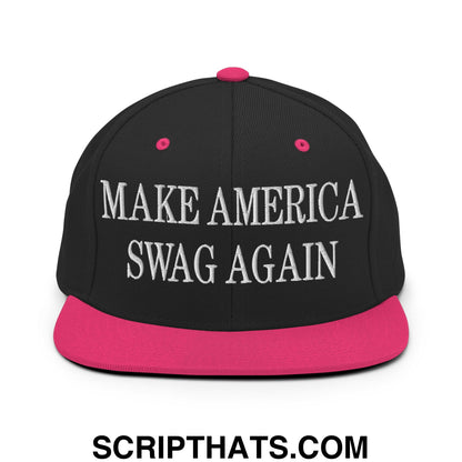 Black snapback cap with vibrant pink brim and button featuring white embroidered make america swag again text