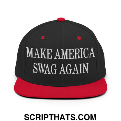 Black and red snapback hat with white embroidered make america swag again text and flat bill brim