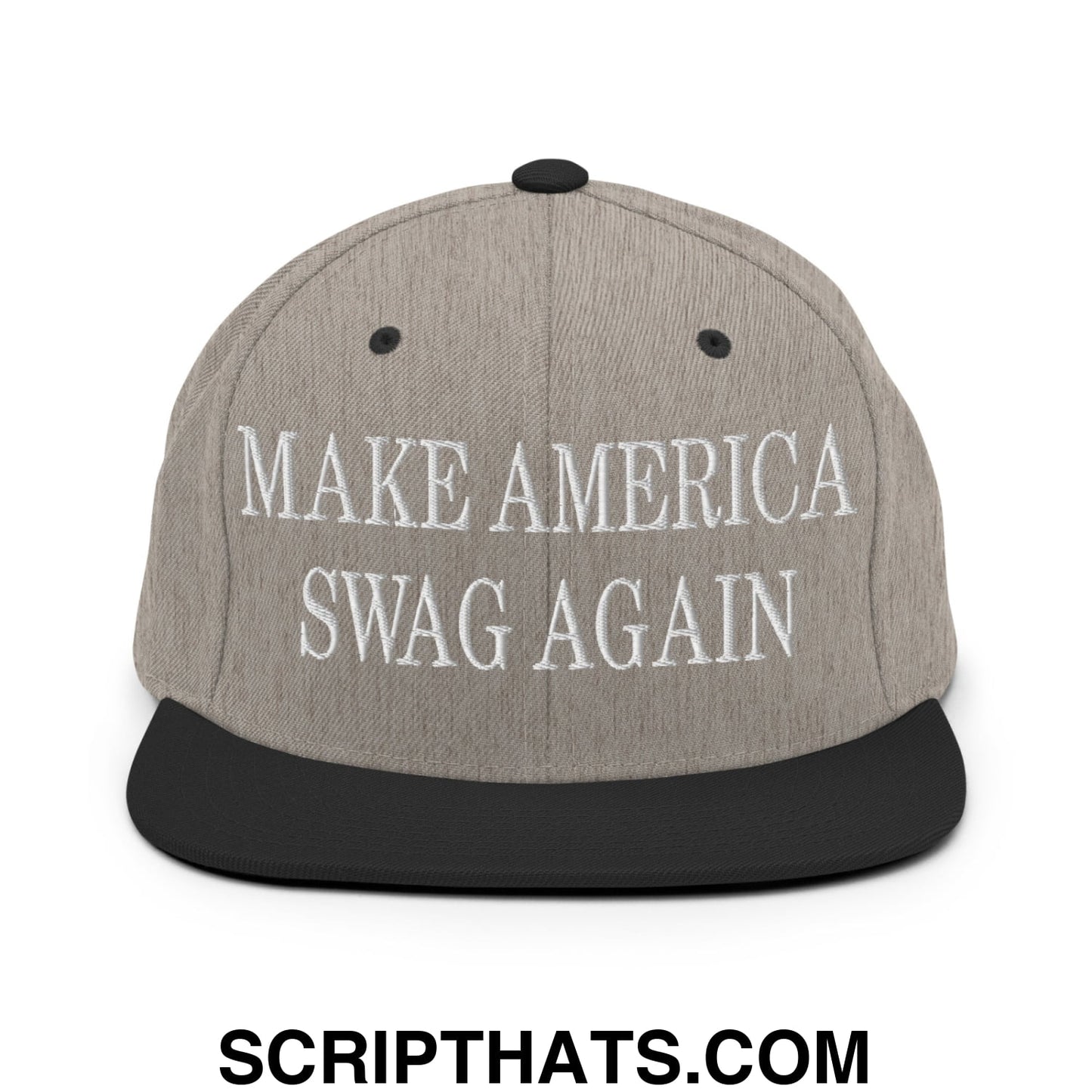 Gray snapback hat with black flat bill brim embroidered with white text make america swag again