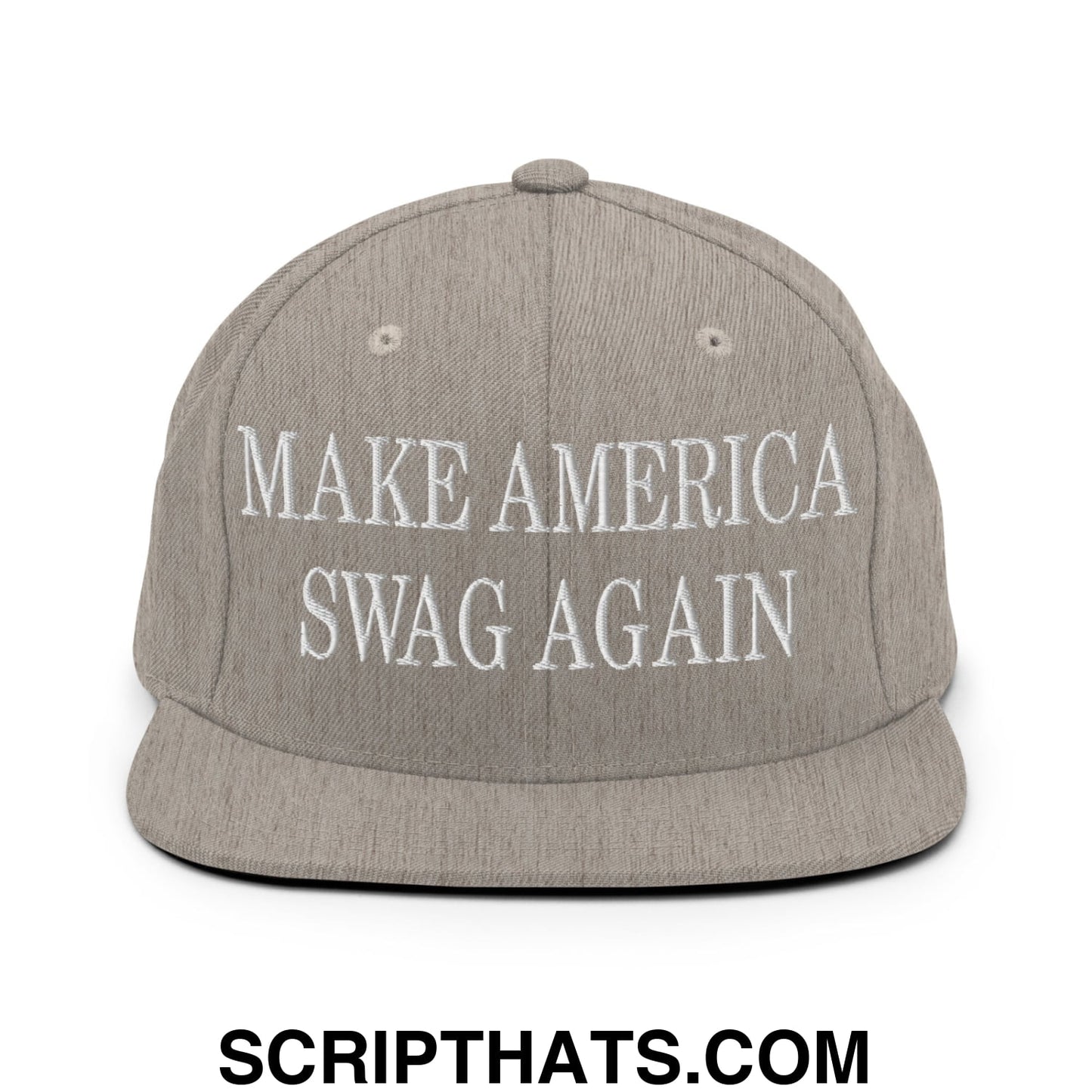 Gray snapback flat bill brim hat with white embroidered text reading make america swag again for casual wear