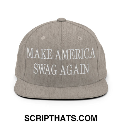 Gray snapback flat bill brim hat with white embroidered text reading make america swag again for casual wear
