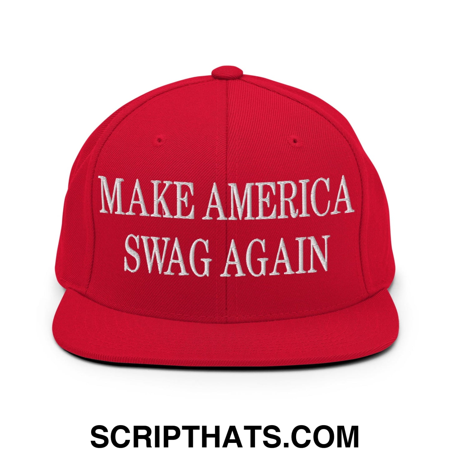 Red snapback cap with white embroidered make america swag again text and flat bill brim for casual wear