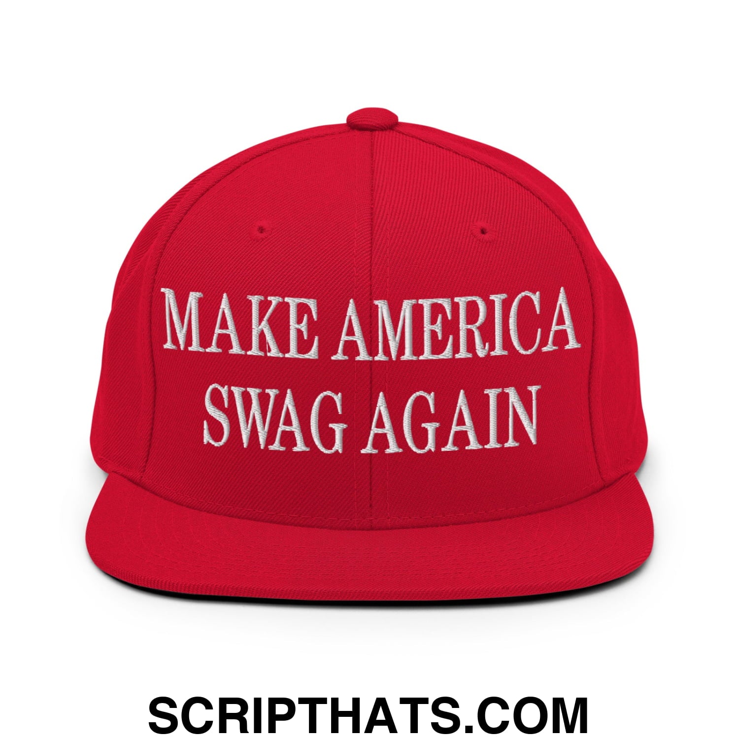 Red snapback cap with white embroidered make america swag again text and flat bill brim for casual wear
