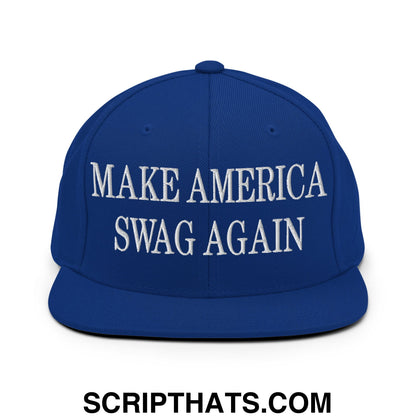 Royal blue snapback hat with white embroidered make America swag again text and flat bill brim design