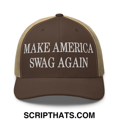 Brown and tan mesh trucker hat with white embroidered make america swag again text in a casual style