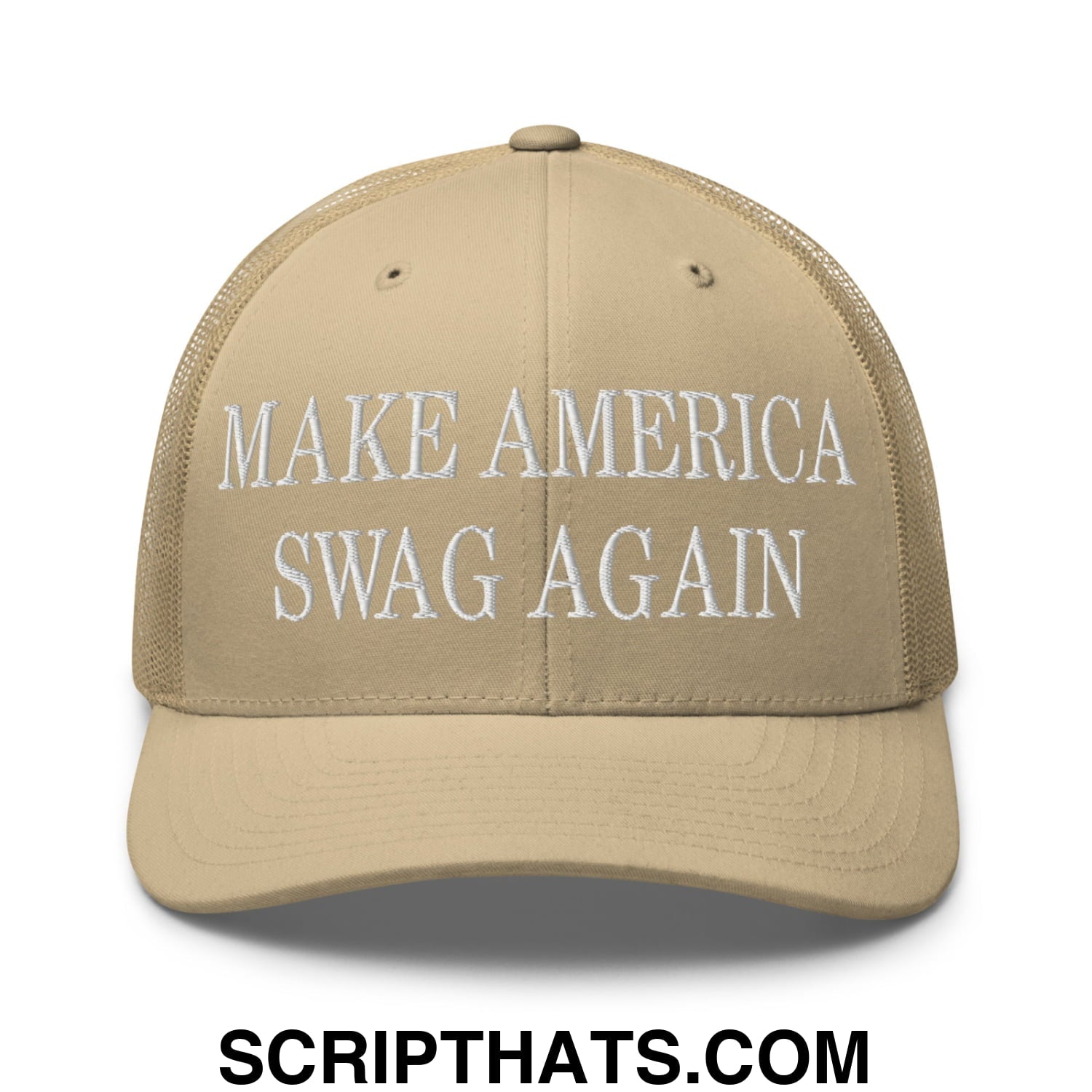 Beige mesh trucker hat with white embroidered make america swag again text for casual wear