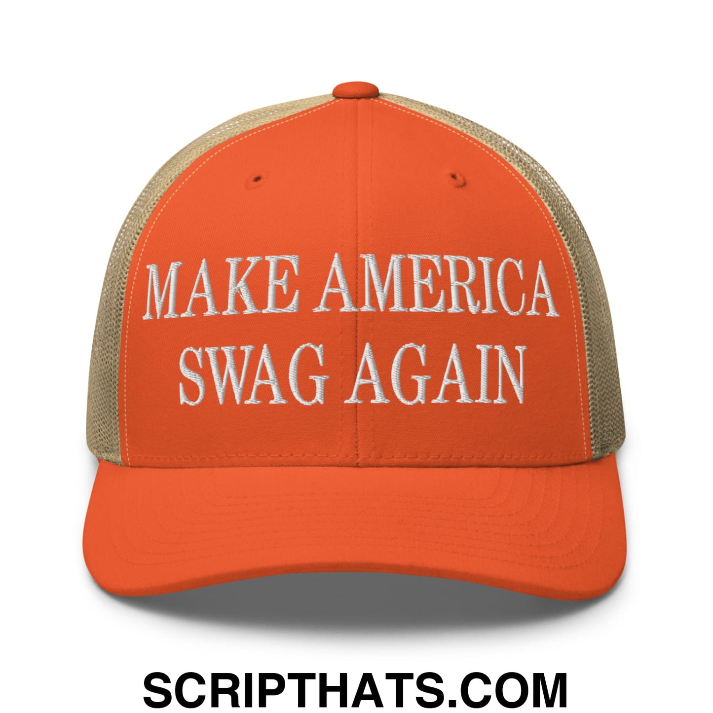 Orange and beige embroidered mesh trucker hat with white make america swag again text in front panel