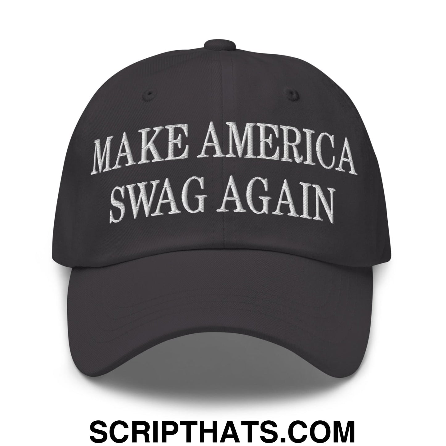 Black unstructured dad hat with white embroidered text reading make america swag again for casual wear