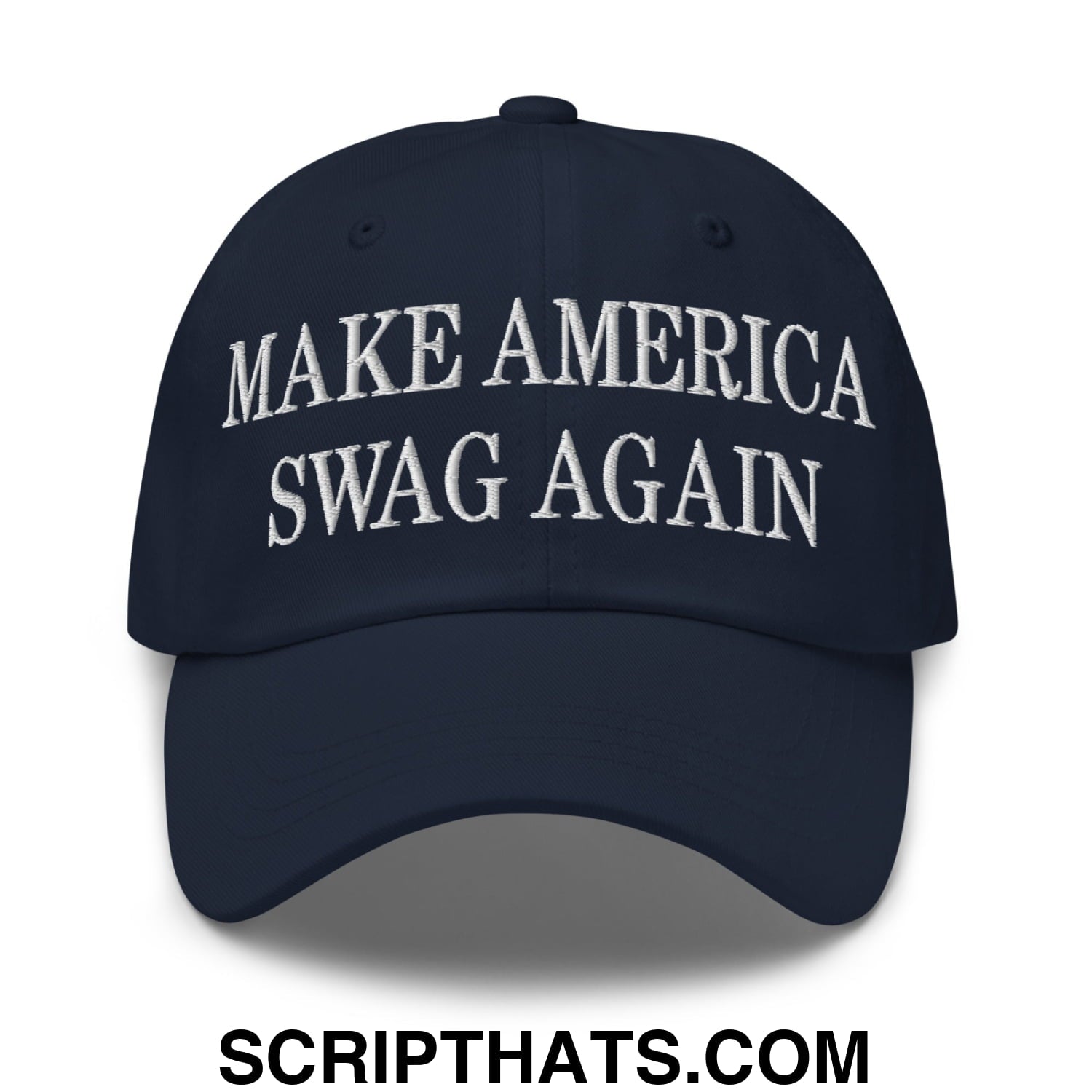 Navy blue unstructured dad hat with white embroidered make America swag again text for casual wear