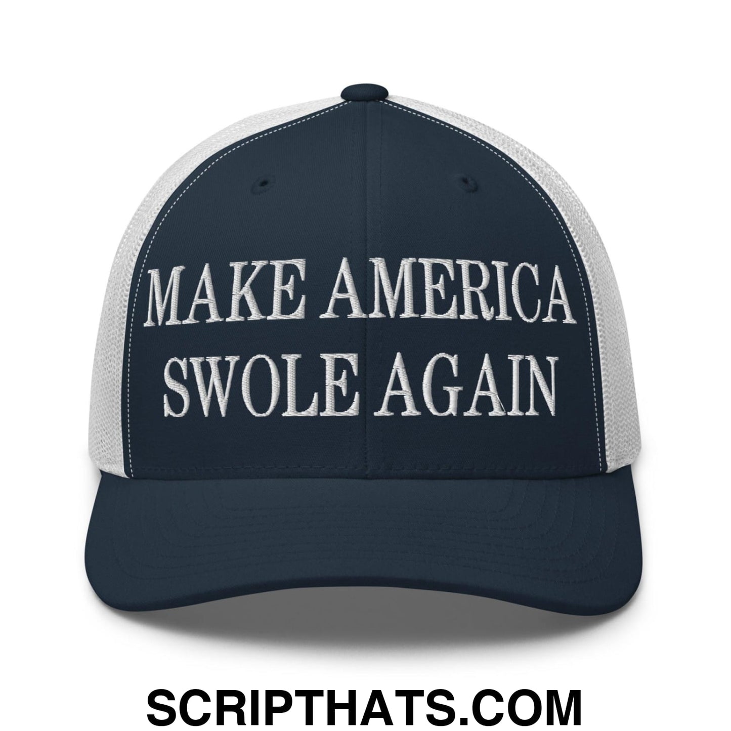 Make America Swole Again Embroidered Mesh Trucker Hat Navy White