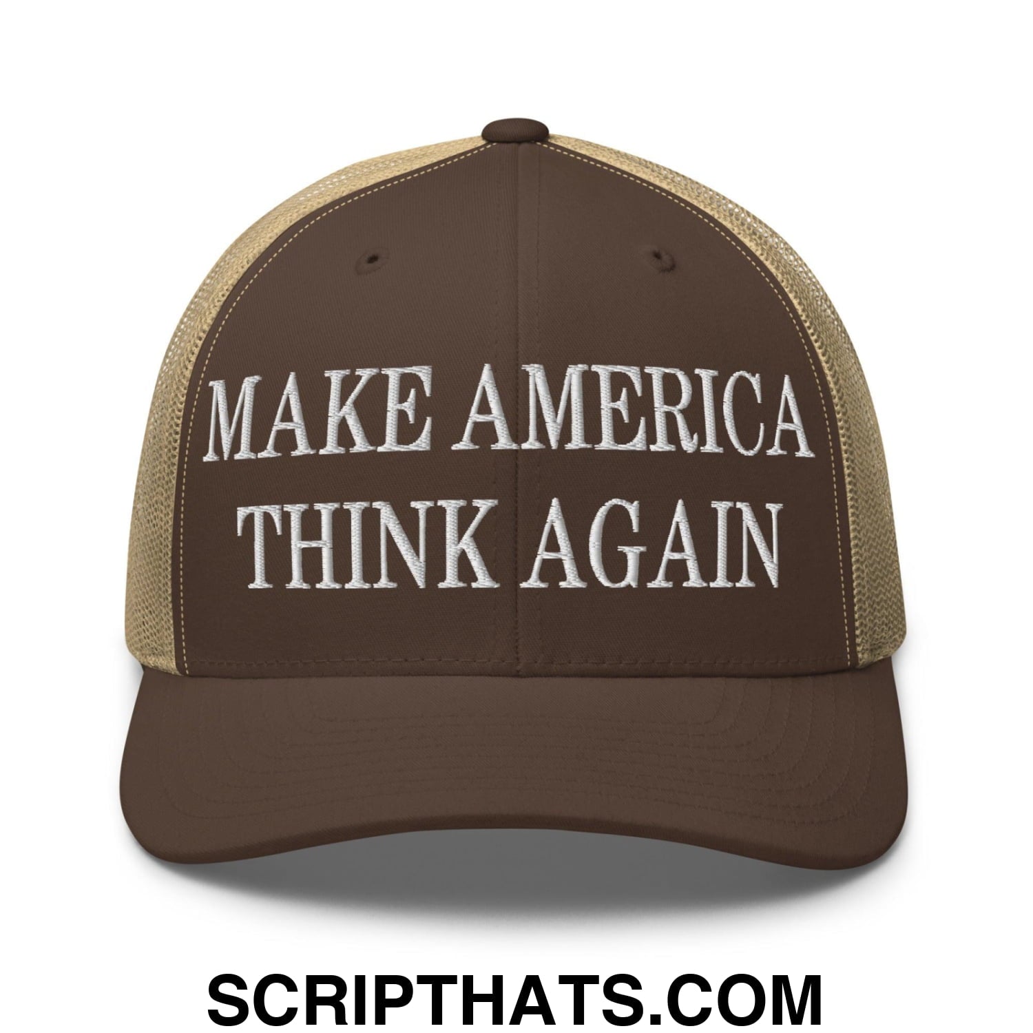 Make America Think Again Embroidered Mesh Trucker Hat Brown Khaki