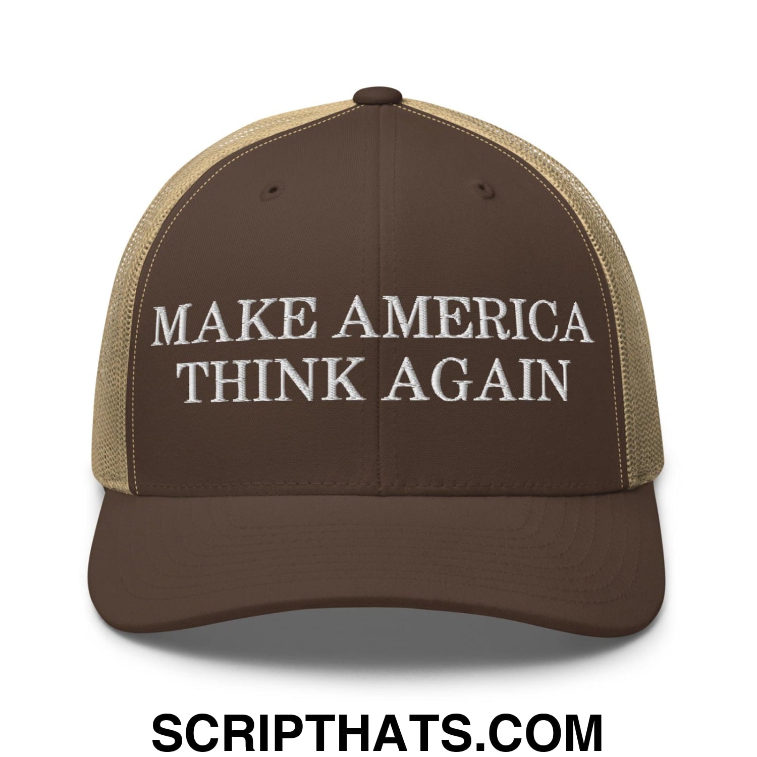 Make America Think Again Retro Trucker Hat Brown Khaki