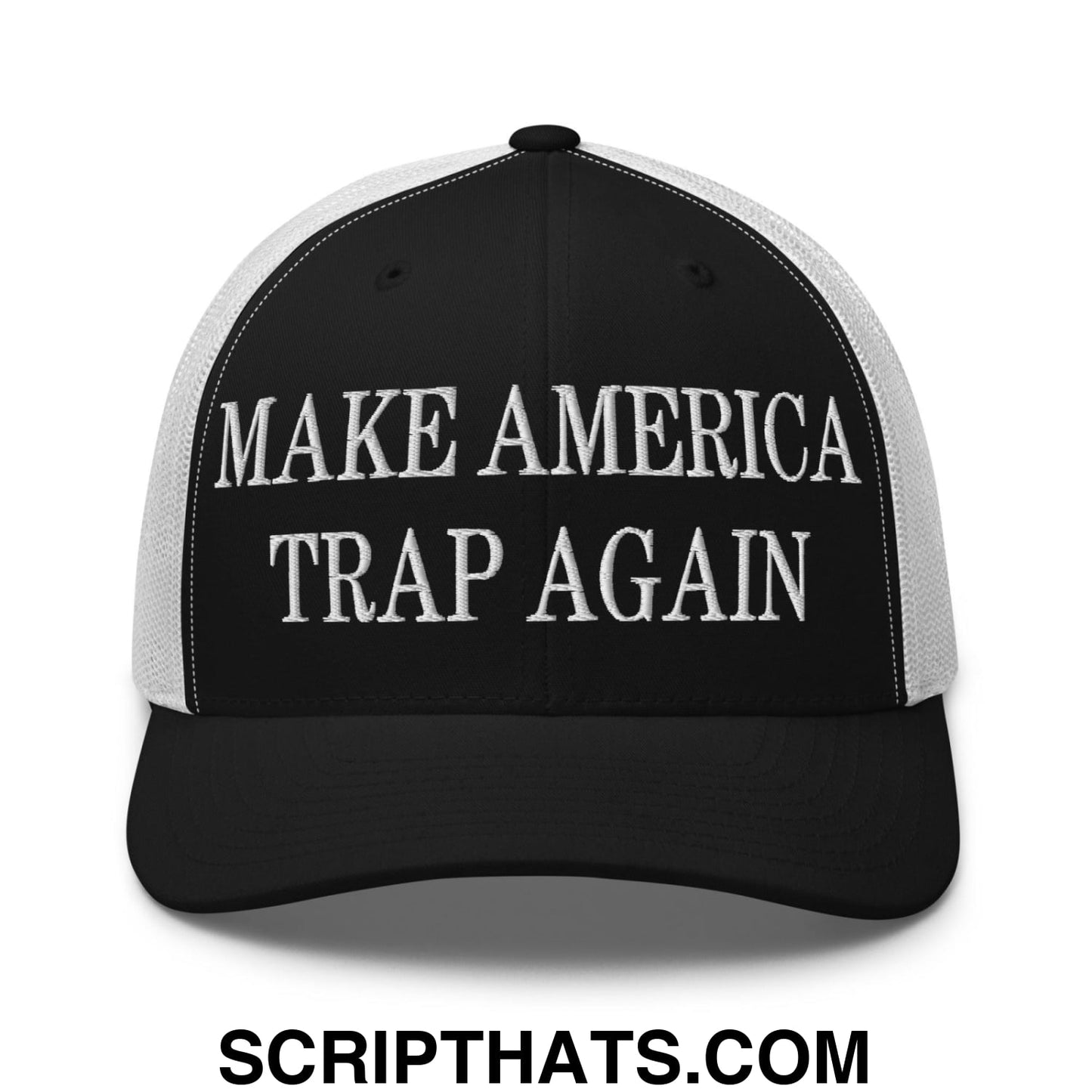 Make America Trap Again Embroidered Mesh Trucker Hat Black White