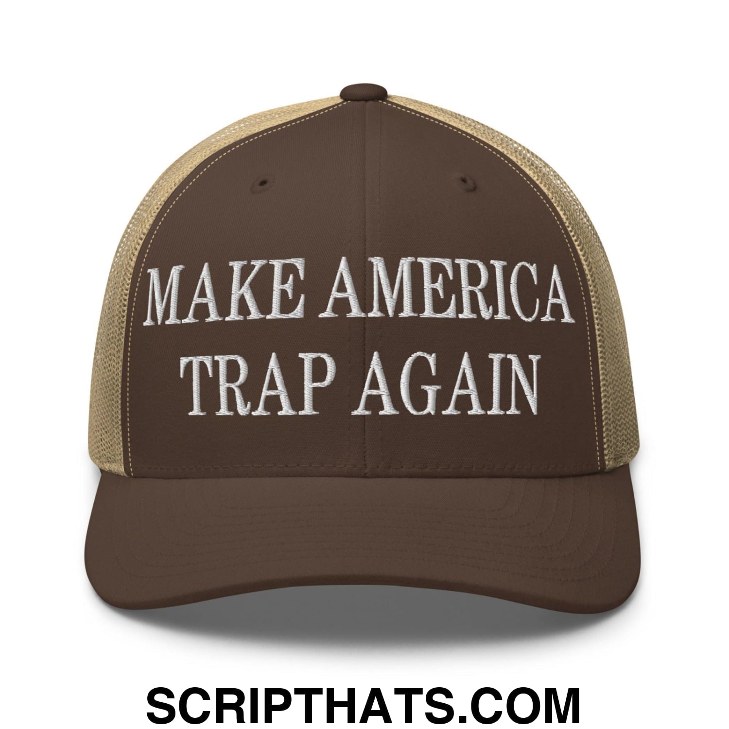 Make America Trap Again Embroidered Mesh Trucker Hat Brown Khaki